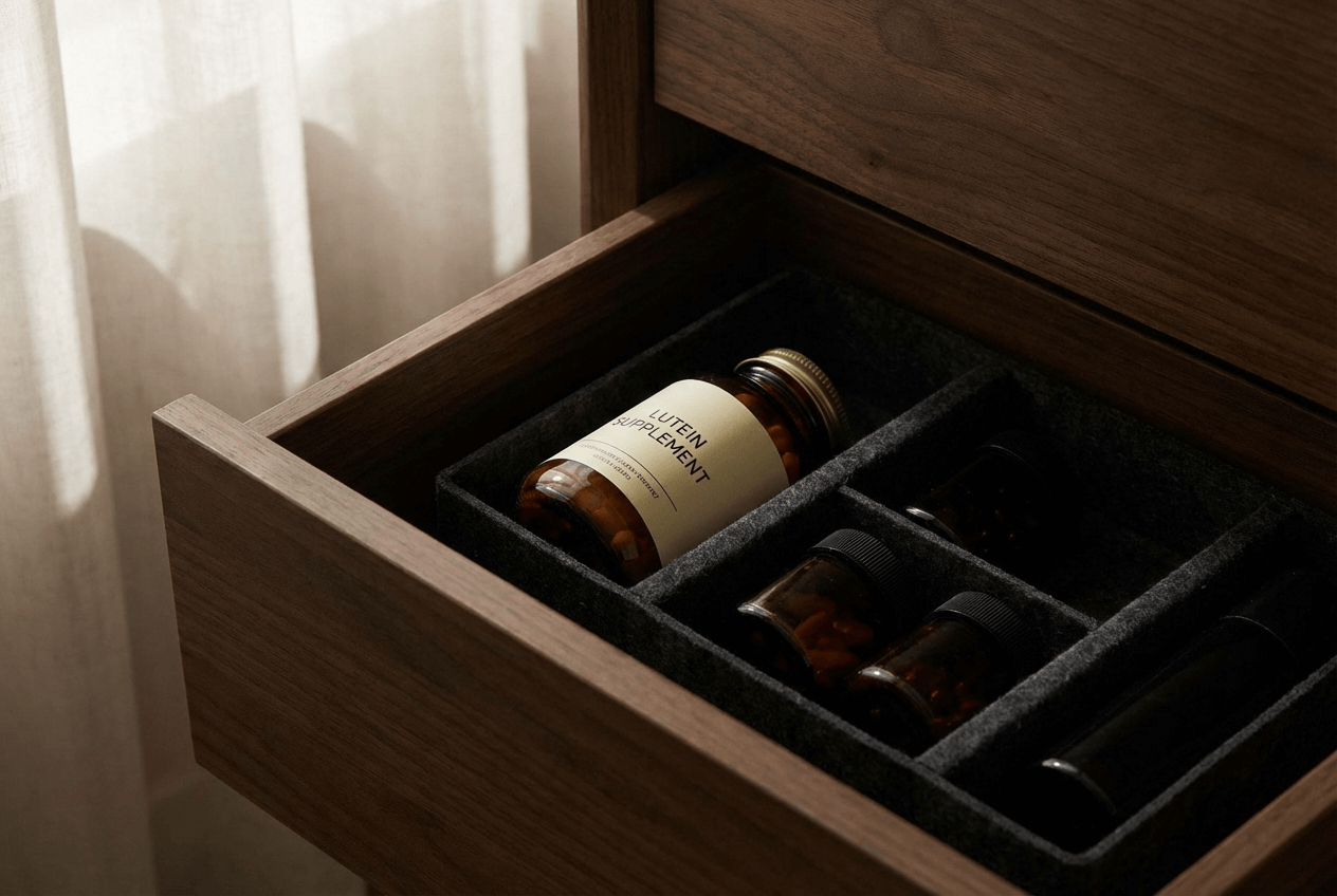 서늘하고 어두운 곳에 보관된 루테인 영양제 병