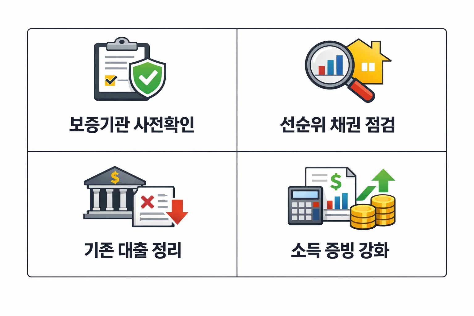 보증기관 사전확인과 채권 점검 기존대출 정리 및 소득 증빙 강화로 한도 확보 방법을 정리한 체크포인트 이미지