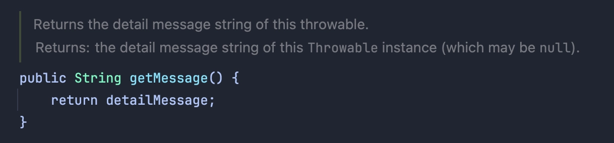 throwable에 존재하는 getMessage 메서드