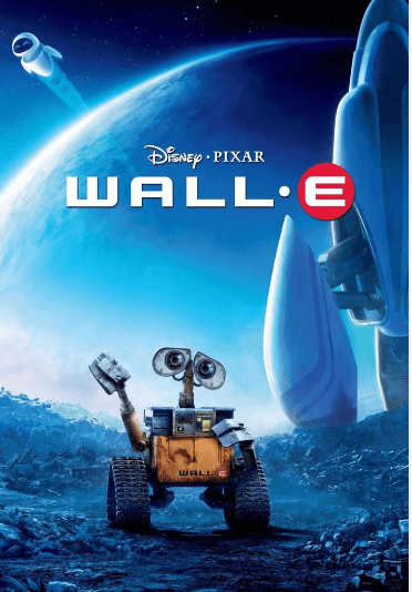 영화 월E의 영화 포스터 눈이달린 작은 로봇이 로봇 팔을 들고 있고 위로는 유령의 모습을 한 로봇이 지구 위를 날아다니고 있다.