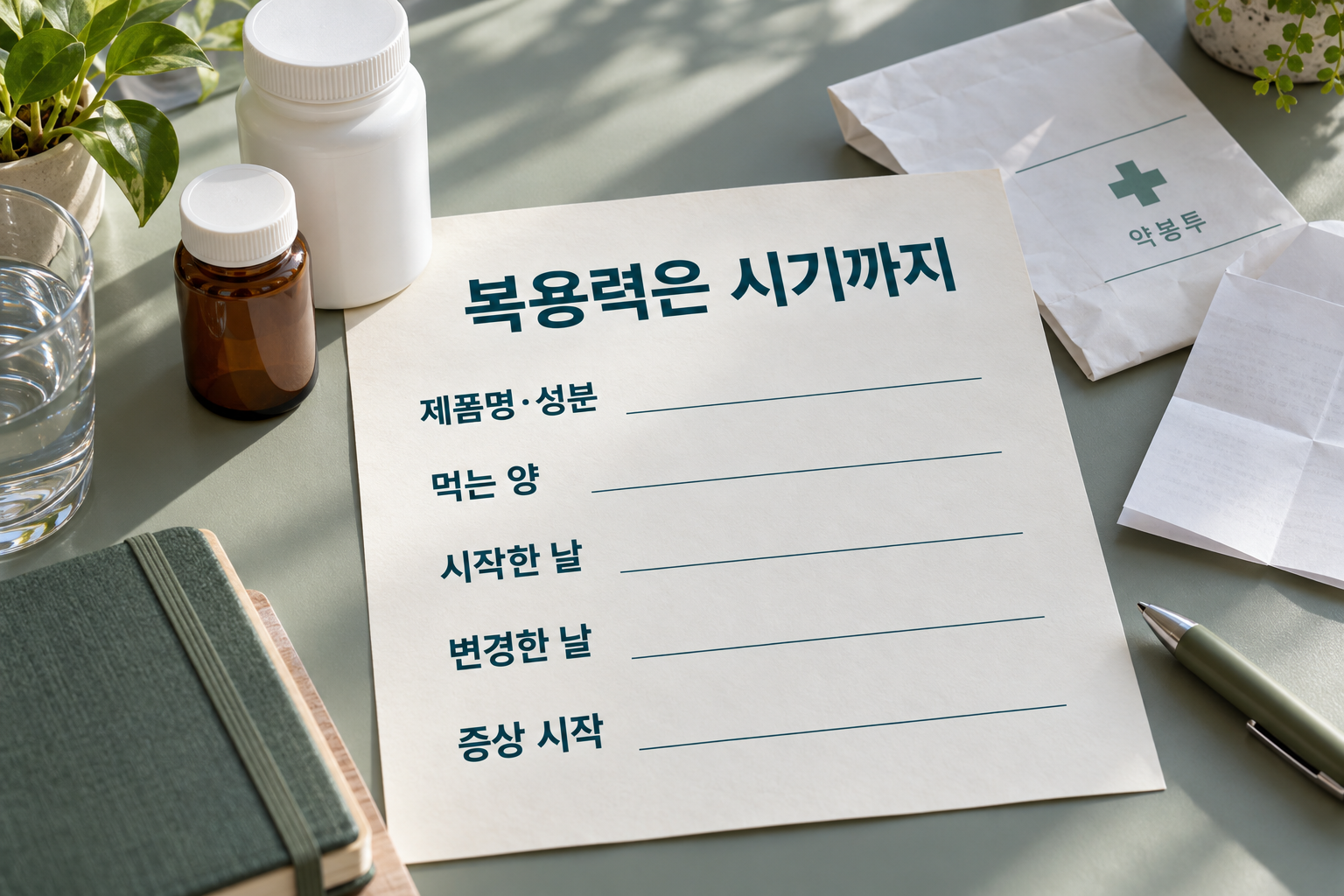 제품명&middot;성분&middot;먹는 양&middot;시작한 날&middot;변경한 날&middot;증상 시작을 적을 빈 기록지와 무지 용기&middot;약 봉투