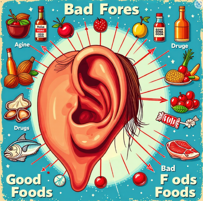 왼쪽에는 견과류, 생선, 과일, 채소, 굴이 그려져 있고 '좋은 음식'이라는 제목이 있습니다. 오른쪽에는 술병, 기름진 음식, 사탕 등이 그려져 있고 '나쁜 음식'이라는 제목이 있습니다. 중앙에는 큰 귀 모양이 있어 음식들이 귀에 미치는 영향을 시각화하고 있습니다.