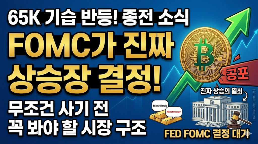 비트코인 65K 기습 반등 및 중동 종전 소식을 다룬 세련된 금융 정보 블로그 썸네일. 좌측에 "65K 기습 반등! 종전 소식", "FOMC가 진짜 상승장 결정!", "무조건 사기 전 꼭 봐야 할 시장 구조"라는 굵고 명료한 텍스트가 강조되어 있고, 우측에는 상승하는 황금색 비트코인 코인과 연준(FED) 건물 및 금괴 일러스트가 배치되어 있음.