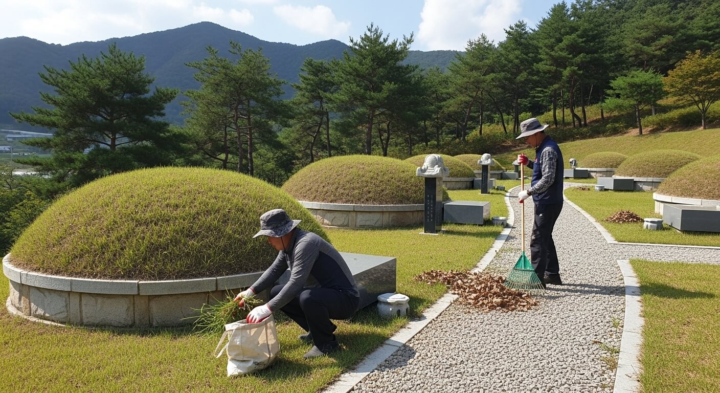 두 남성이 봉분 묘소 주변 풀과 낙엽을 치우는 장면