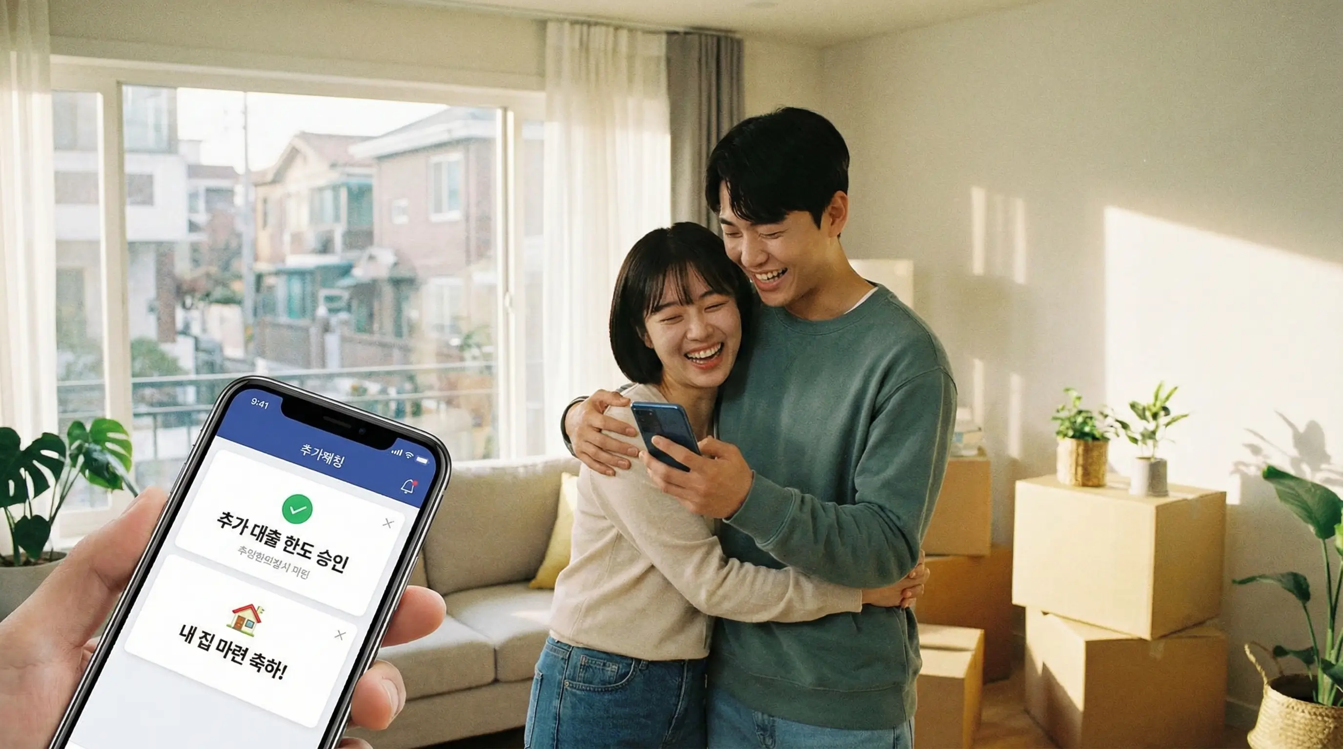 스마트폰으로 부족한 주택 구입 자금을 위한 추가 대출 한도를 조회하고 내 집 마련에 성공하는 행복한 신혼부부의 모습