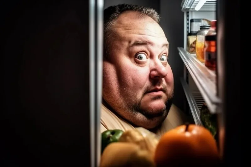 야식을 하려고 냉장고 문을 열었다가 깜짝 놀라는 뚱뚱한 남자 확대 얼굴