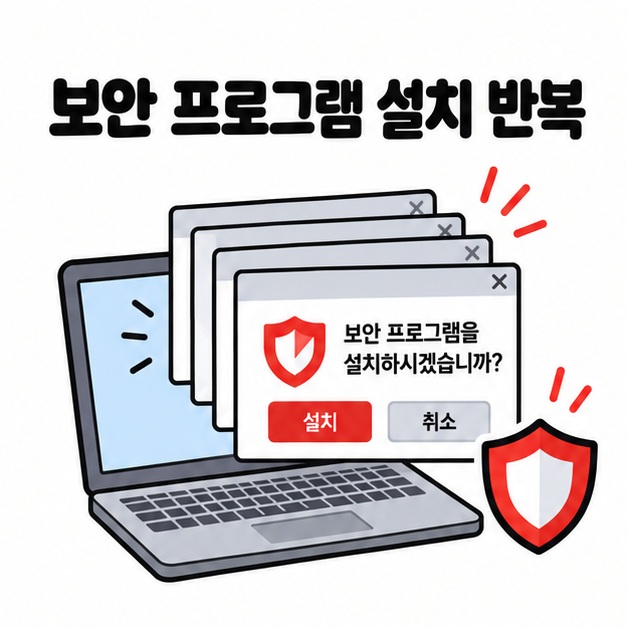 노트북 화면에 반복되는 설치창과 방패 아이콘 옆에 보안 프로그램 설치 반복 문구를 크게 보여주는 대표 카드