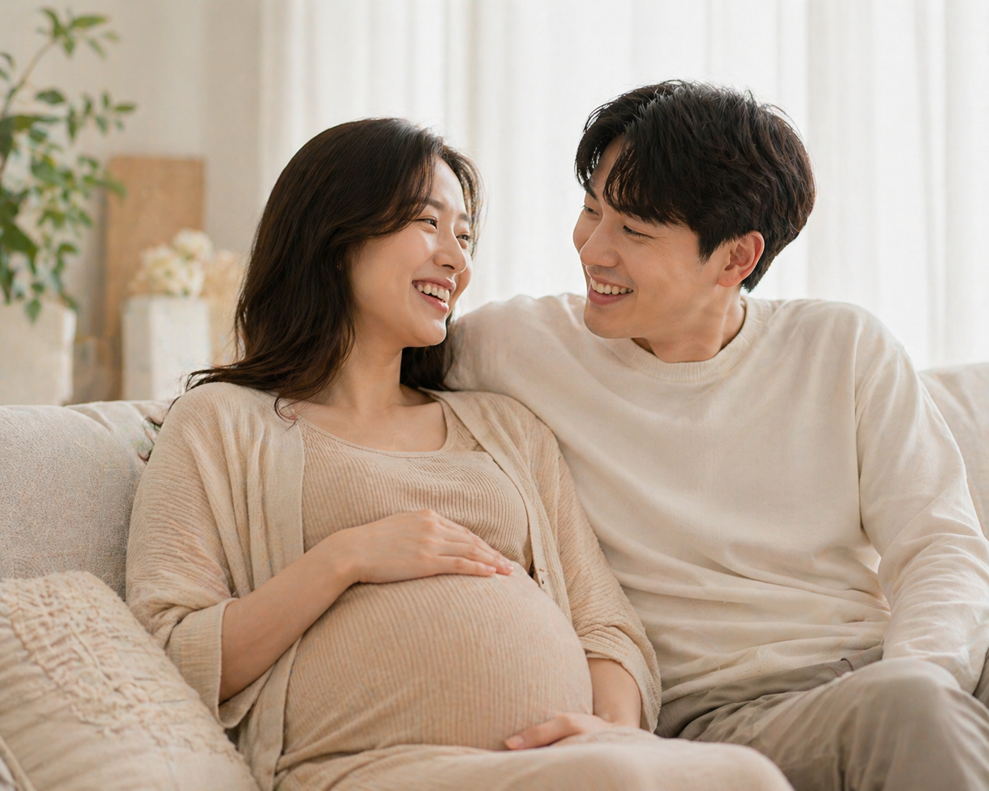 남편과 함께 행복하게 웃고 있는 임산부 모습
