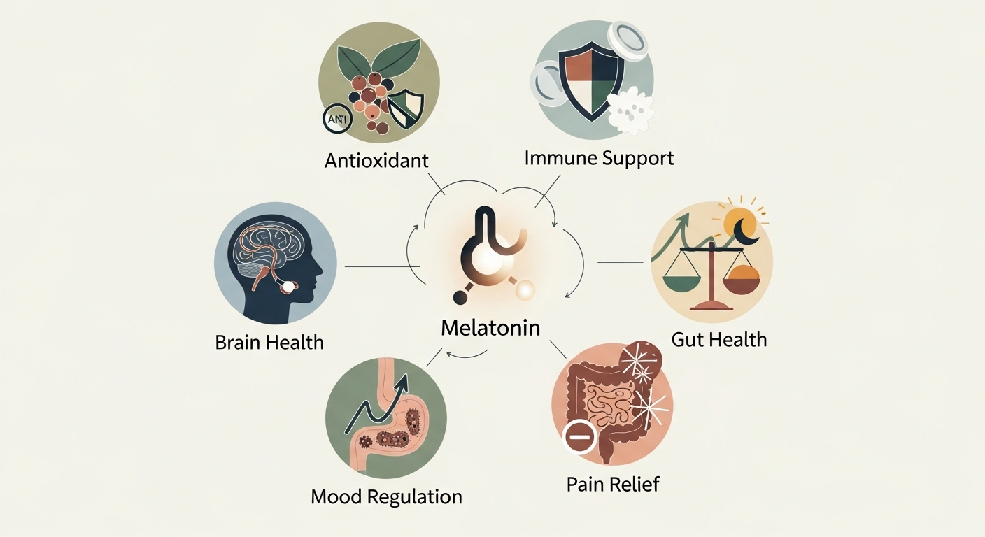 멜라토닌이 항산화, 면역력, 뇌 건강, 기분 조절 등 다양한 신체 기능에 긍정적인 영향을 미치는 모습을 보여주는 인포그래픽.