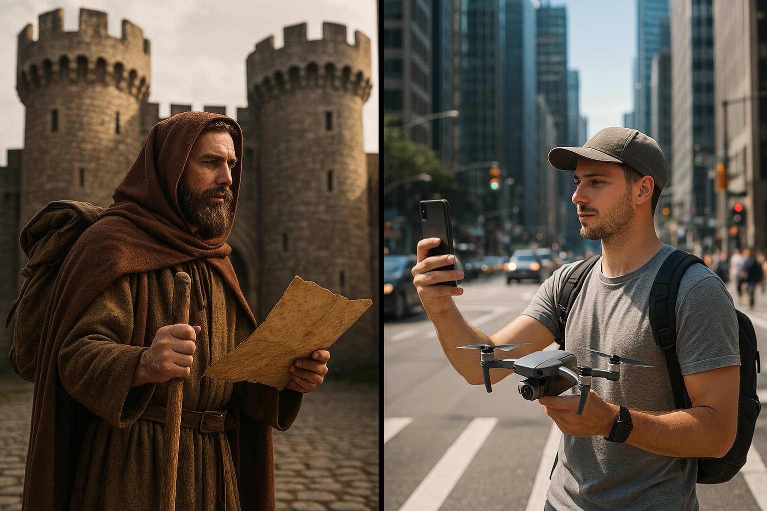 중세 시대 여행자와 현대 여행 유튜버 모습