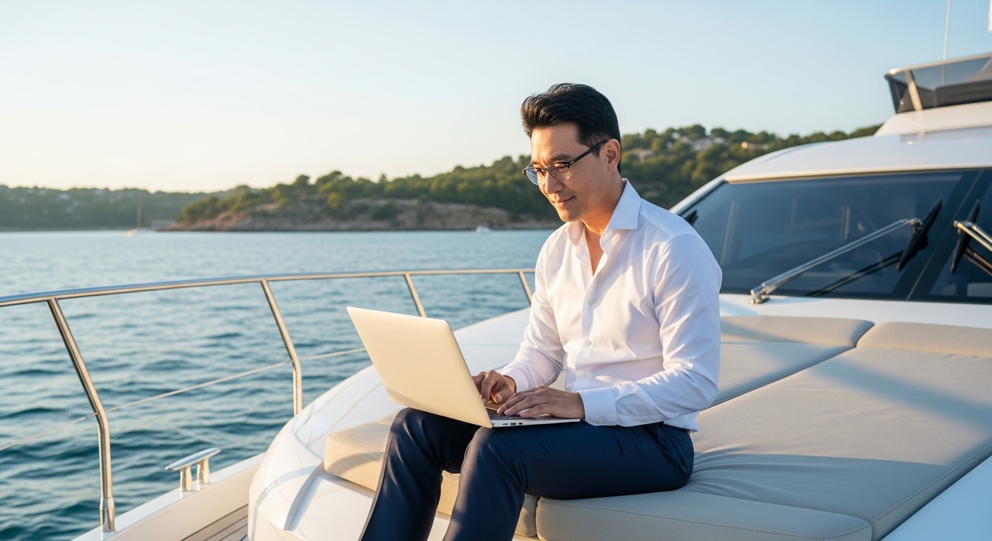 2030년 지중해 요트 위에서 노트북으로 자신의 블로그 글을 읽으며 미소 짓는 100억 자산가 나의 성공한 모습