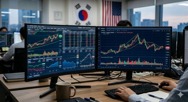 미국 기준금리 동결 이후 한국 증시와 환율 흐름을 보여주는 금융 그래프 이미지