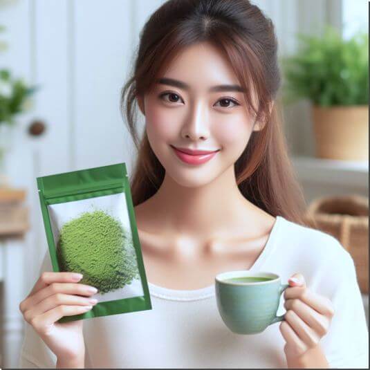 녹차와 녹차 가루를 들고 있는 미녀