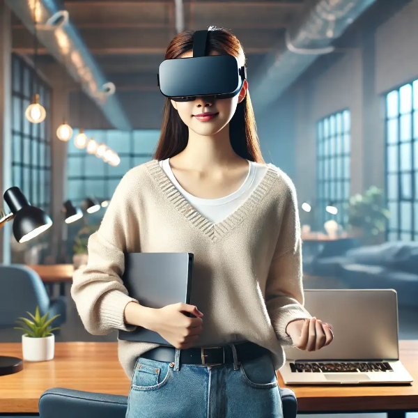 동양인 젊은 여성이 VR 헤드셋을 들고 창업을 준비하는 모습