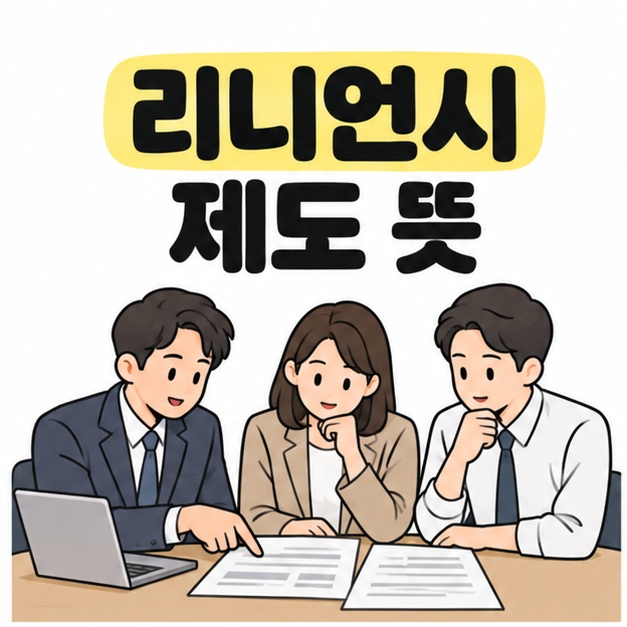 리니언시 제도 뜻 문구 아래 사무복 차림의 세 사람이 노트북과 서류를 놓은 회의 테이블에서 자료를 검토하는 모습
