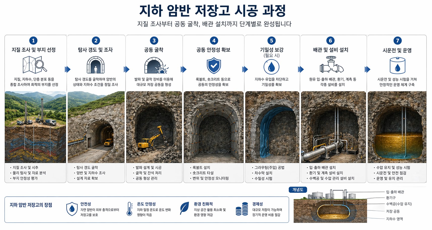 지하 암반 저장고의 시공 과정을 단계별로 정리한 인포그래픽