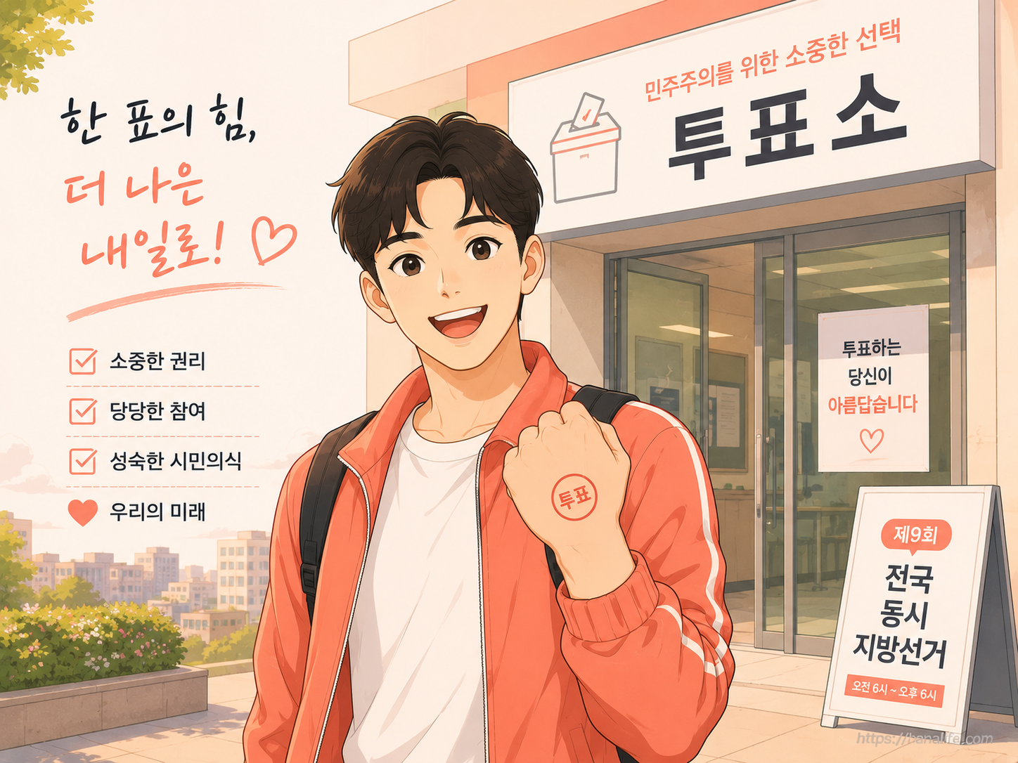 투표소 표지판 앞에서 손등 도장으로 참여를 인증하는 성숙한 유권자의 모습 일러스트