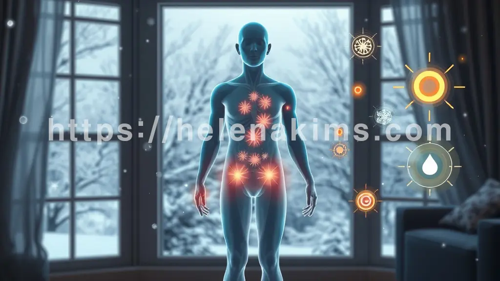 겨울 풍경이 창밖으로 보이는 아늑한 실내에서 투명하고 섬세하게 표현된 인체 실루엣. 그 주변으로 각각 다른 색상과 형태로 빛나는 추상적인 에너지 아이콘들이 떠다닌다.