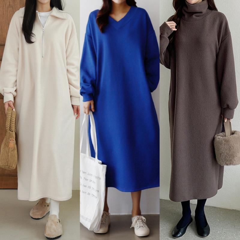 겨울원피스 봄 가을 기모 루즈핏 니트 하객 체크 카라 빅사이즈 롱원피스 오피스룩