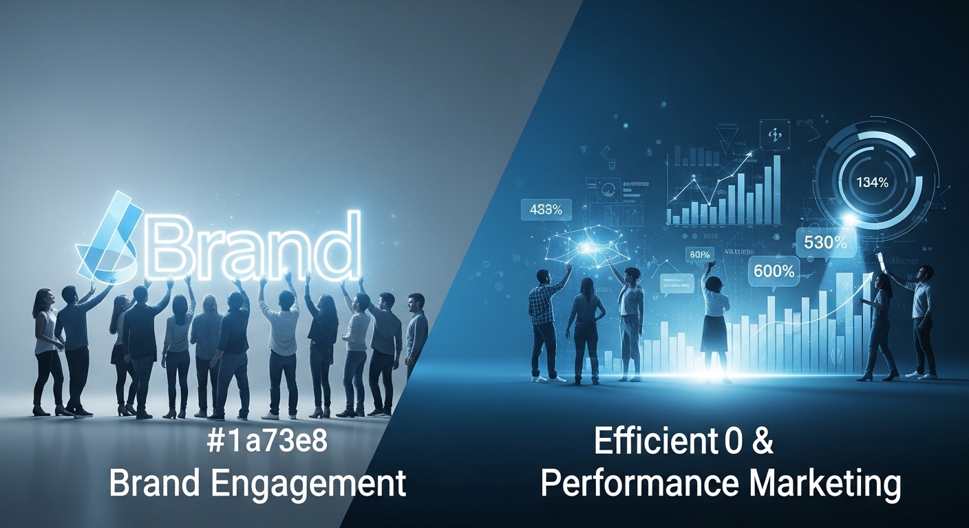 브랜드 인게이지먼트와 퍼포먼스 마케팅 전략이 시너지를 내는 모습을 표현한 이미지