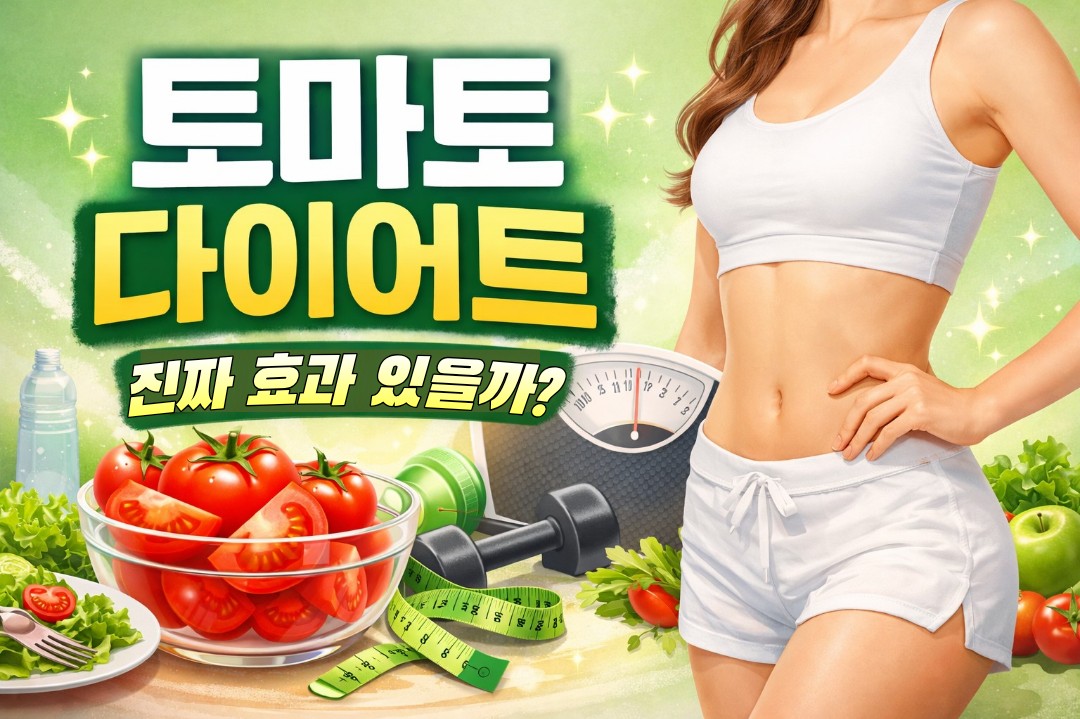 토마토 다이어트 효과를 주제로 토마토, 체중계, 운동 이미지를 함께 표현한 대표이미지