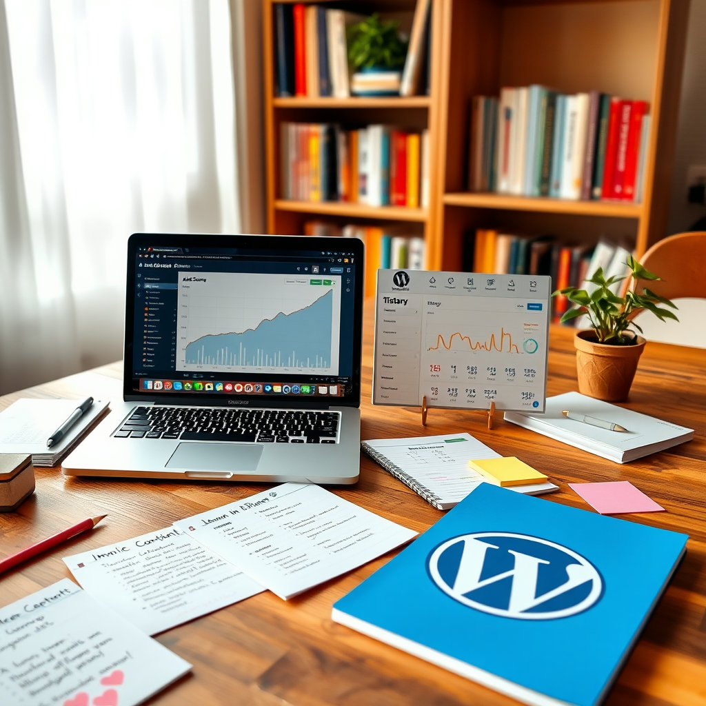 초보 블로거를 위한 노트북 책상, 애드센스 수익금 캡처,블로그 콘텐츠 플래너, 워드프레스 로고와 포스트잇 메모&rdquo;