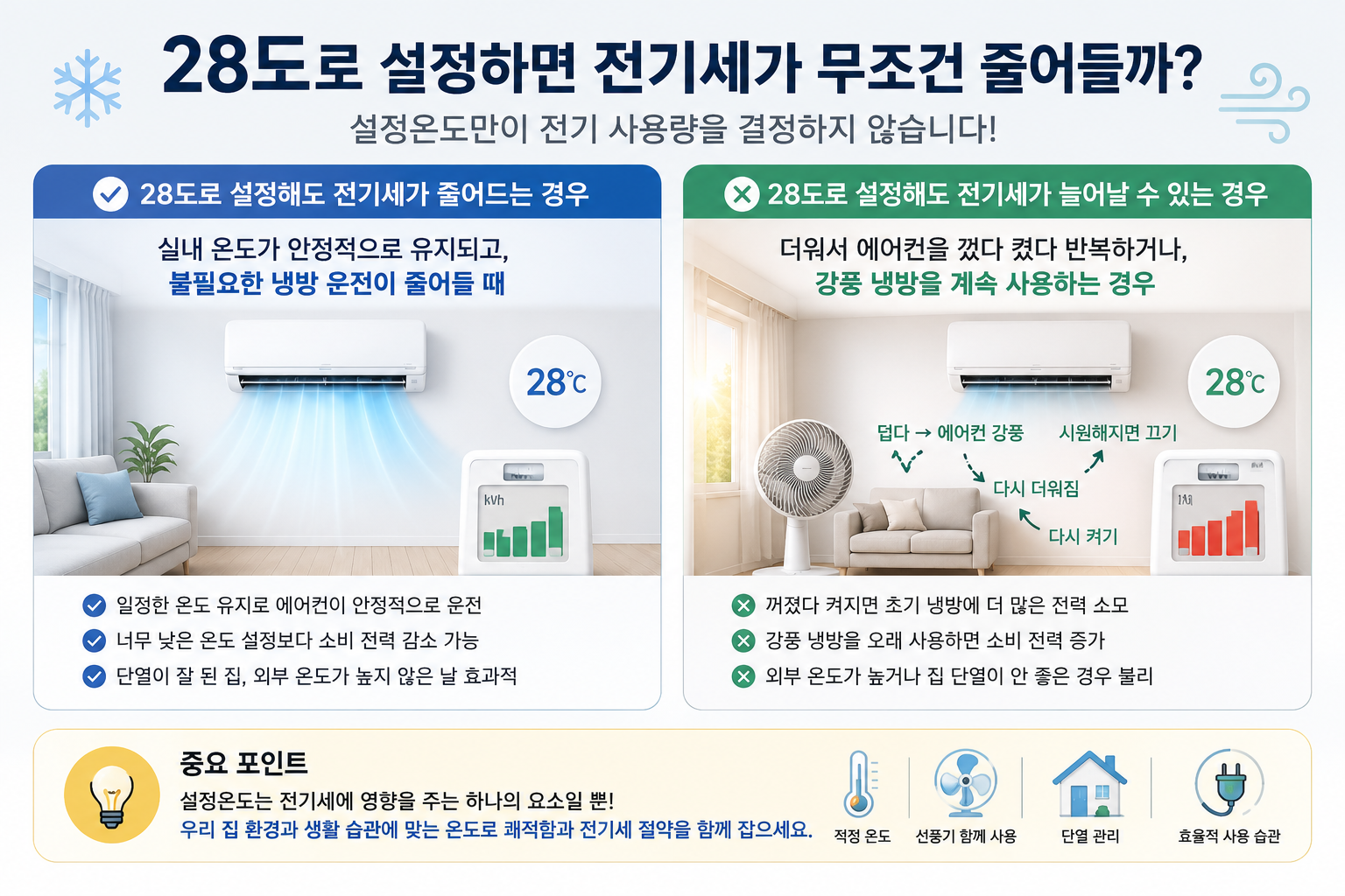 에어컨 28도 설정 시 전기세 절약 여부와 사용 환경 비교