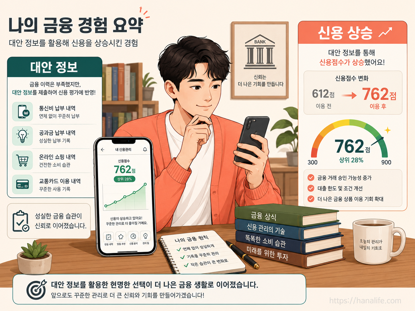대안 신용평가 시스템에 반영되는 일상 데이터인 통신비, 공과금, 도서구입 내역을 시각화한 구조도