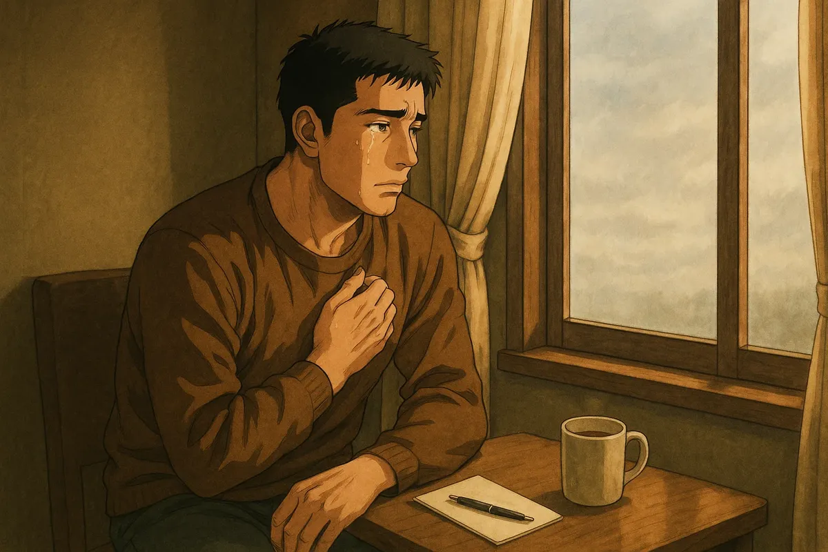 창밖을 바라보며 눈물 흘리는 남성의 감정적인 장면