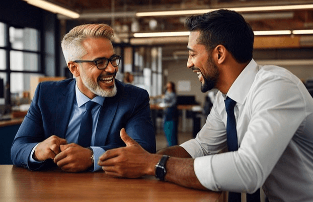 커피숍 탁자 앞에 앉은 두 명의 남자가 웃으면서 대화를 한다. 파란 양복을 입고 백발인 남자와 하얀 와이셔츠를 입은 피부가 좀 검은 남자다.