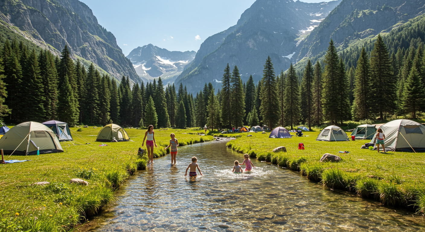 계곡 캠핑장에서 가족과 아이가 즐기는 여름 물놀이
