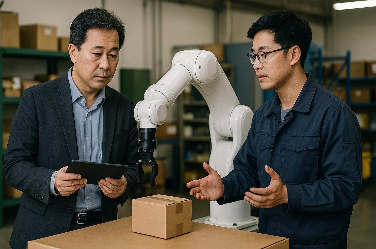 로봇 도입을 논의하는 중소기업 대표와 엔지니어의 협의 장면