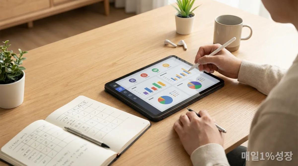 한국인이 태블릿과 노트로 예산 관리 및 현금 흐름을 파악하는 모습