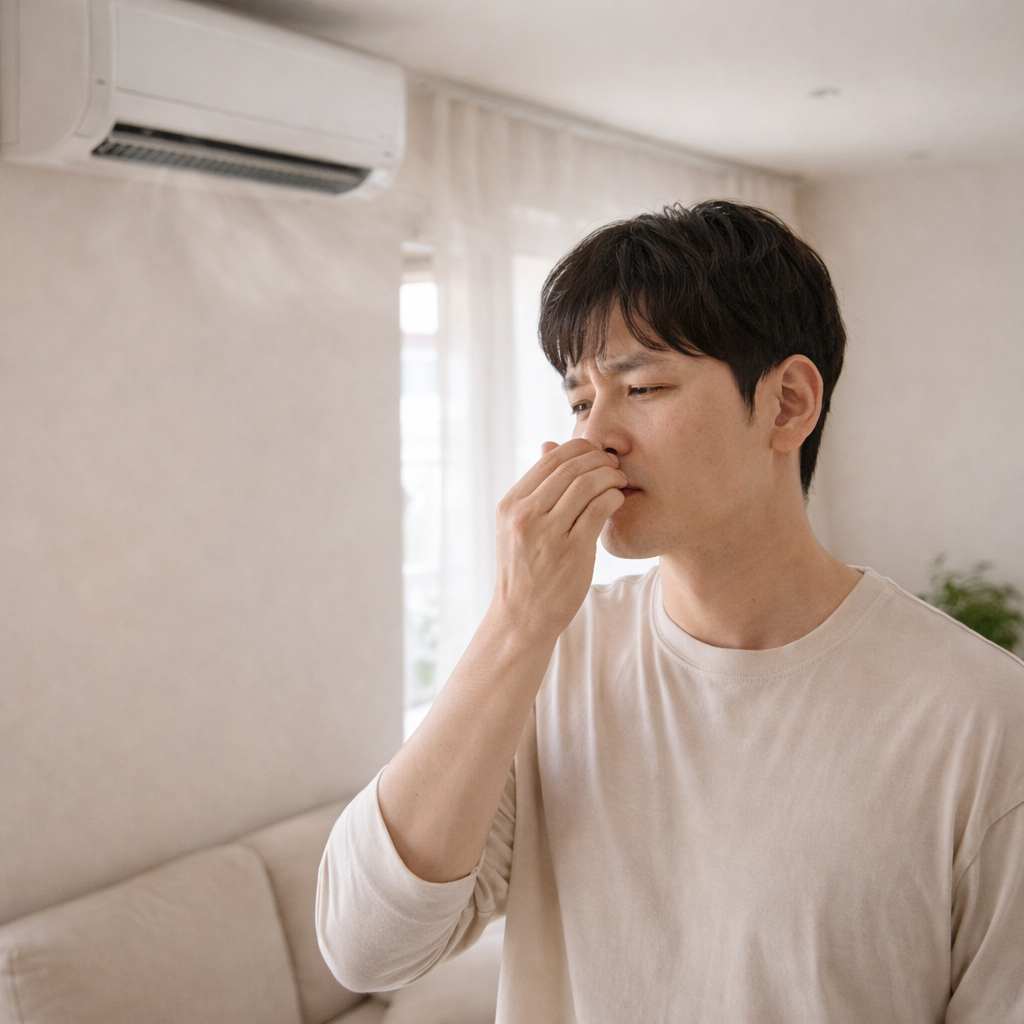 에어컨 냄새 원인과 관리 필요성을 상징하는 실내 이미지 
