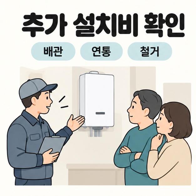추가 설치비 확인이라는 문구와 배관 연통 철거 항목 아래 전문 시공자가 보일러 설치 공간에서 부부에게 설명하는 모습