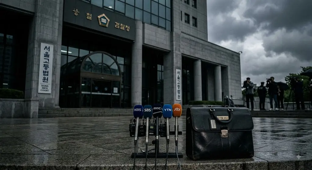 법원 건물 앞 마이크와 서류가방이 놓인 흐린 오후 풍경