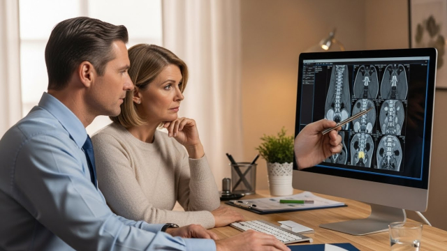 의사가 MRI를 가리키며 수술 여부를 설명하는 장면 