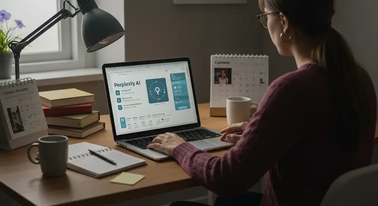 블로그 콘텐츠를 기획 중인 여성 블로거. 노트북 화면에는 Perplexity를 상징적으로 표현한 인터페이스가 표시되어 있으며, 정리된 책상 위 필기도구가 보인다.