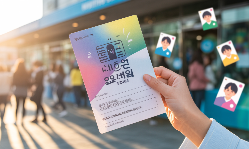 MZ세대의 투표 인증용지 문화: 인기 캐릭터 스탬프와 K-Pop 포토카드를 활용한 활기찬 SNS 투표 인증샷 촬영 장면