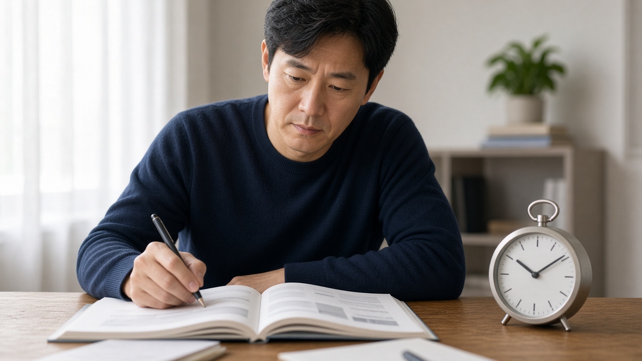 책상에 기출문제집과 시계를 두고 시간 배분을 연습하는 40대 한국인 남성