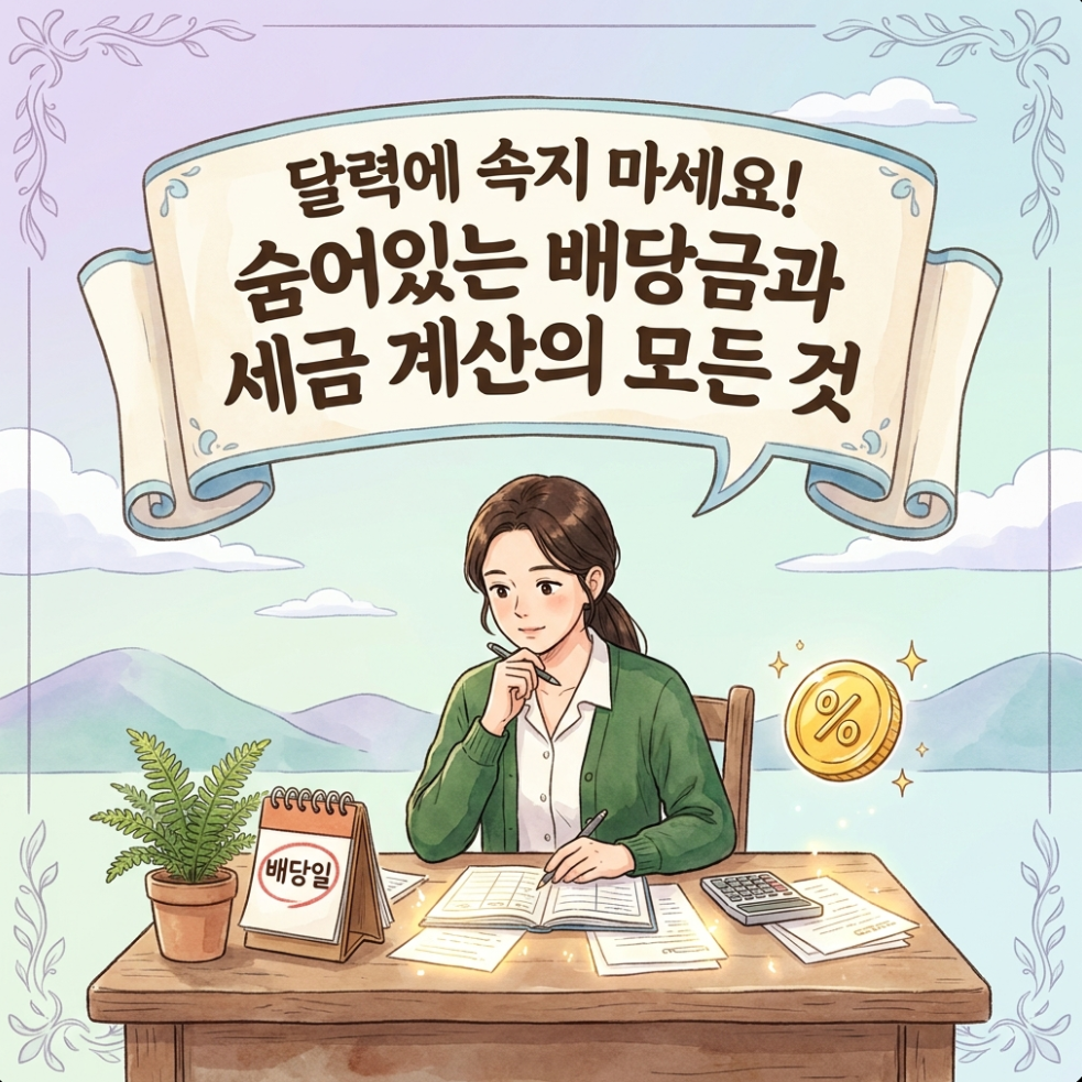 ETF 분배금 지급 기준일과 배당 소득 세금을 계산하는 자산관리 일러스트 이미지