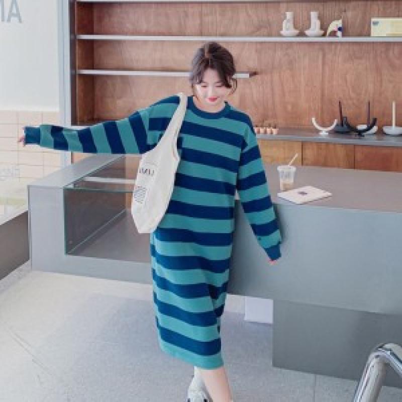 리얼 샷 스트라이프 롱원피스-청록색 막대 M