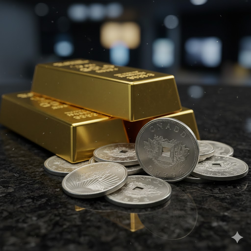 검은색 대리석 바닥 위에 놓여 있는 반짝이는 골드바(금괴)와 실버 코인(은화)들이 쌓여 있는 고화질 이미지. 금과 은의 투자 가치와 자산 배분을 상징하는 귀금속 사진