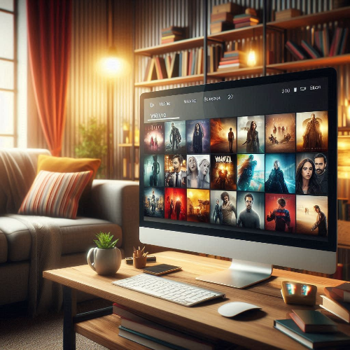 아늑한 분위기의 거실에서 컴퓨터로 영화 및 시리즈를 선택하는 모습