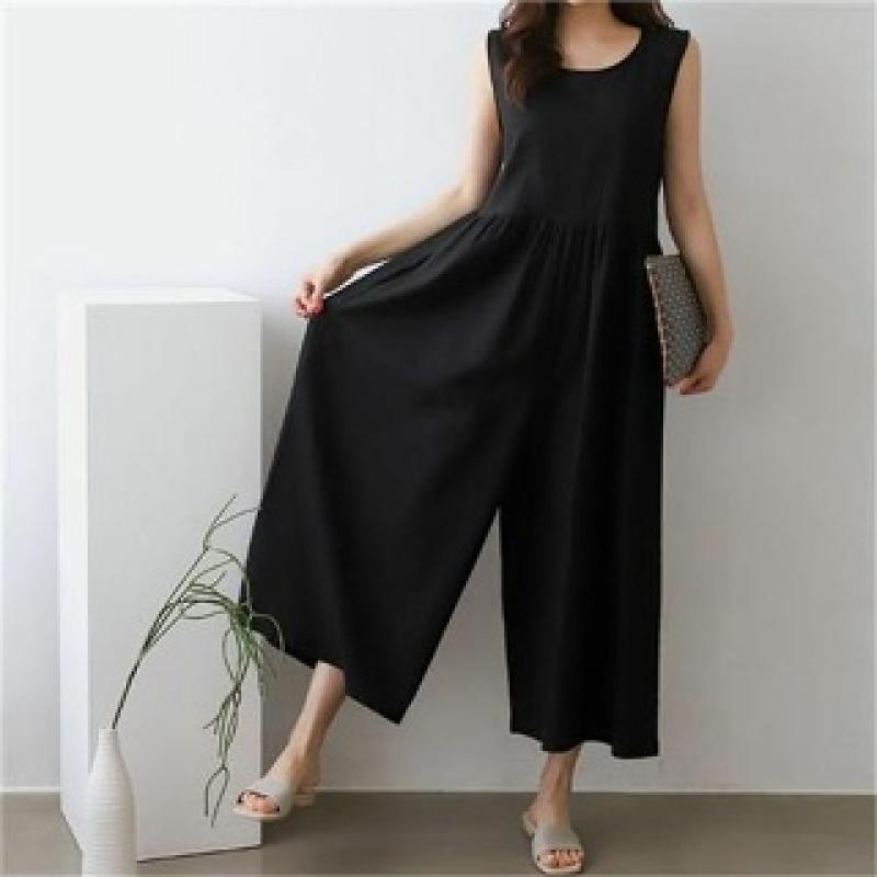 여자 민소매 라운드넥 와이드 린넨 점프수트 원피스