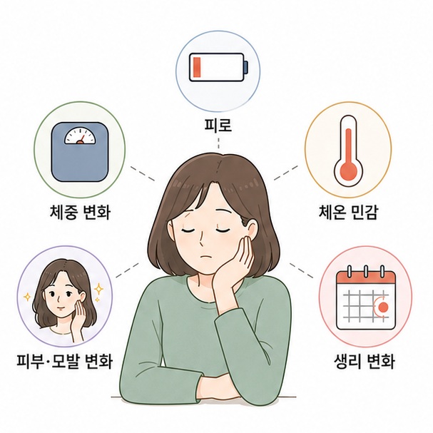 피로와 체중 변화, 체온 민감, 피부와 모발 변화, 생리 변화를 아이콘으로 정리한 이미지