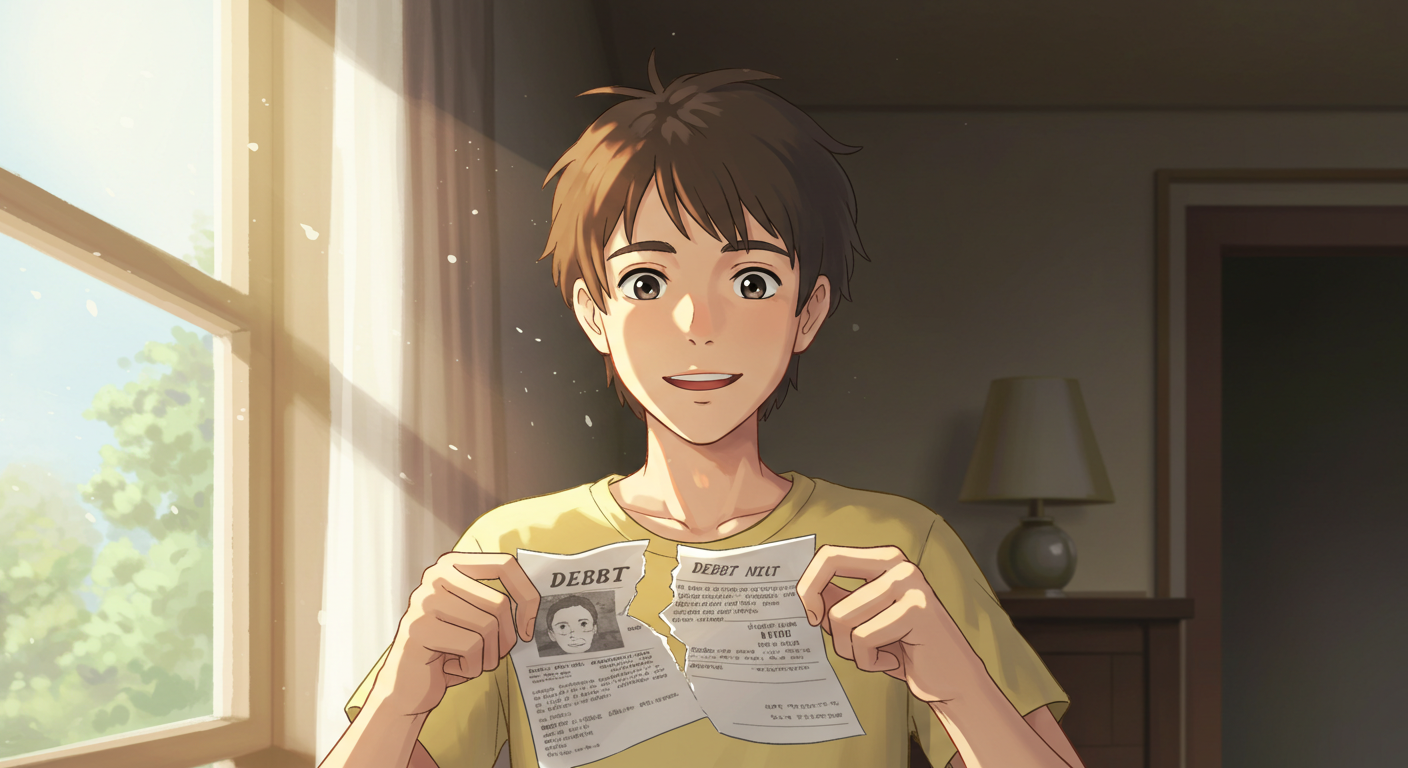 빛나는 창가에서 채무 통지서를 찢으며 희망을 느끼는 남성
