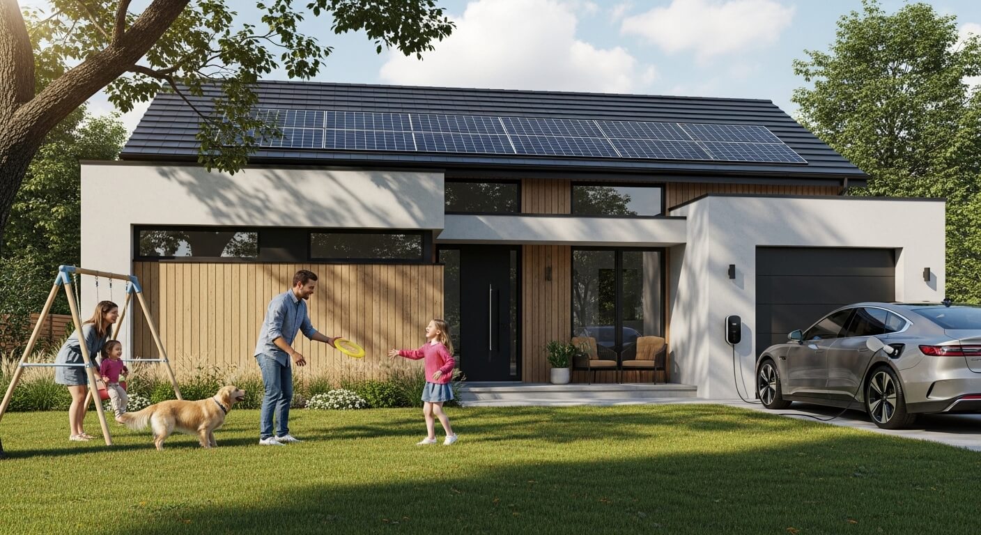 지붕위에 태양광 모듈이 설치된집과 마당의 단란한가정