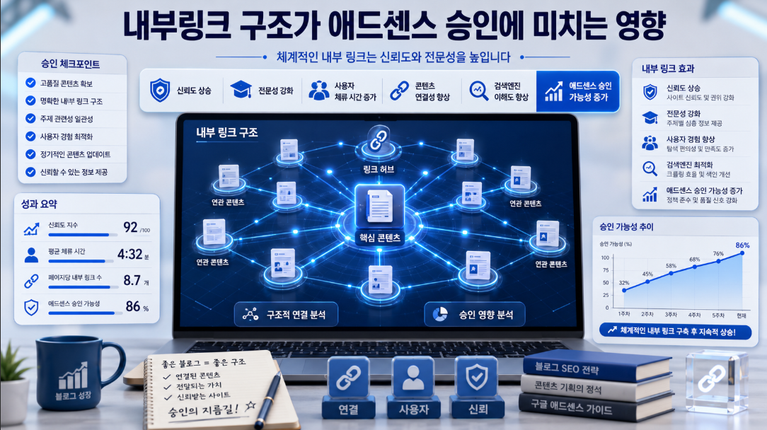 애드센스 승인 확률을 높이는 블로그 내부링크 구조화 및 로봇 체류 시간 분석 도표