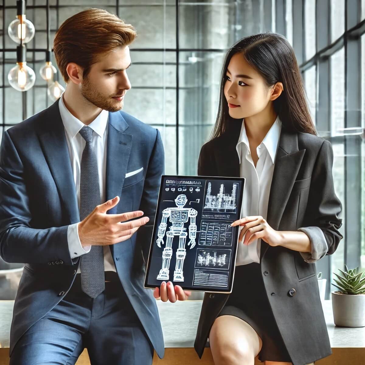 서양 남성 투자자와 동양 여성 로봇 엔지니어 회의 장면